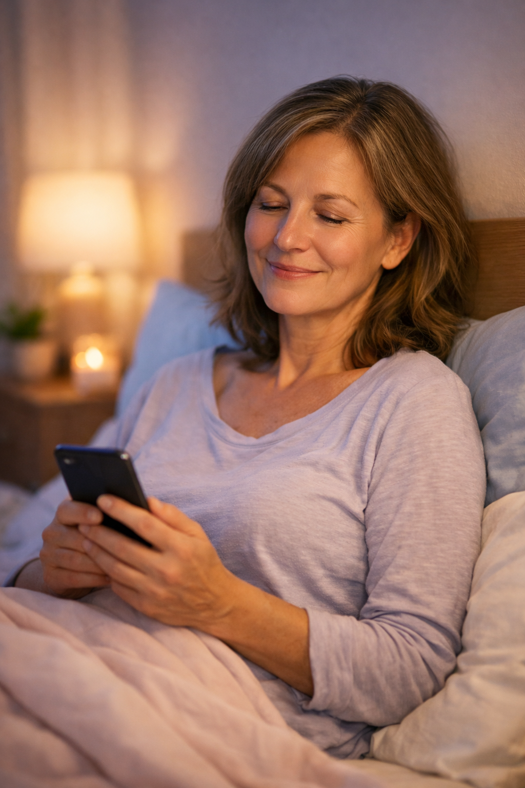 Mulher aliviada utilizando o aplicativo Easeo à noite